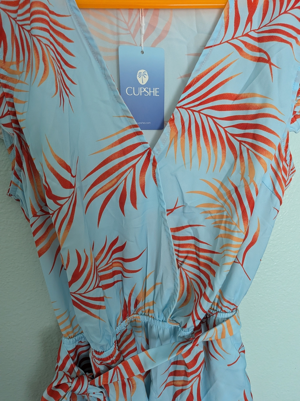 New With Tags! Light Blue Tropical Print Tie-Waist Romper - Picture 5 of 9